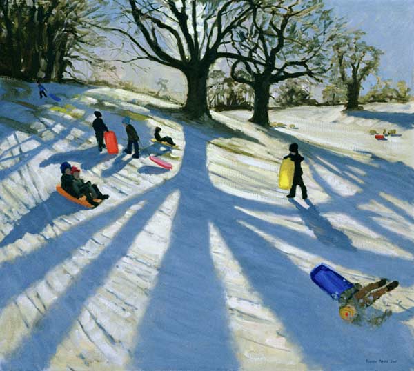 Winter Tree, Snow Sledgers, Calke Abbey, Derby (oil on canvas)  od Andrew  Macara