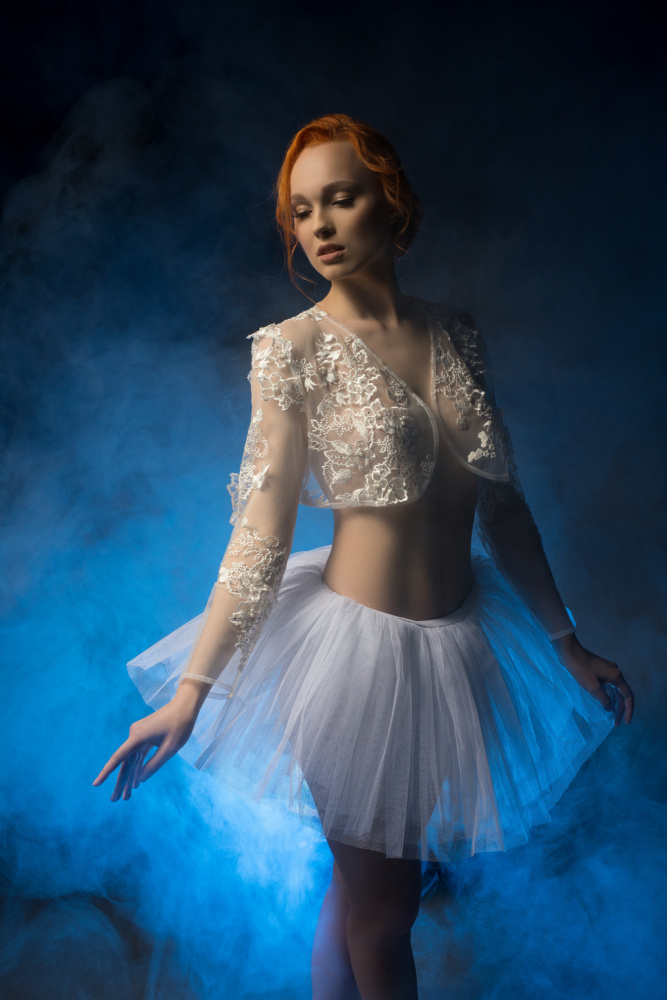 Beautiful young ballerina in blue haze od Andrey Guryanov