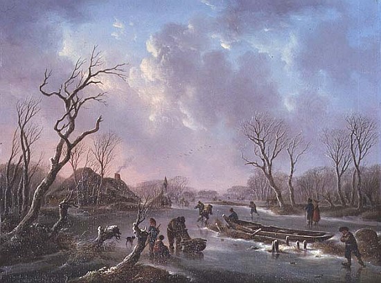 Skaters on a frozen river od Andries Vermeulen