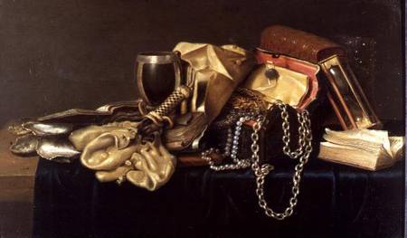 Still Life of a Jewellery Casket, Books and Oysters od Andries Vermeulen