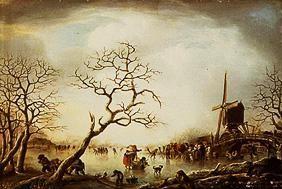 Winter landscape with ice-skaters for a windmill