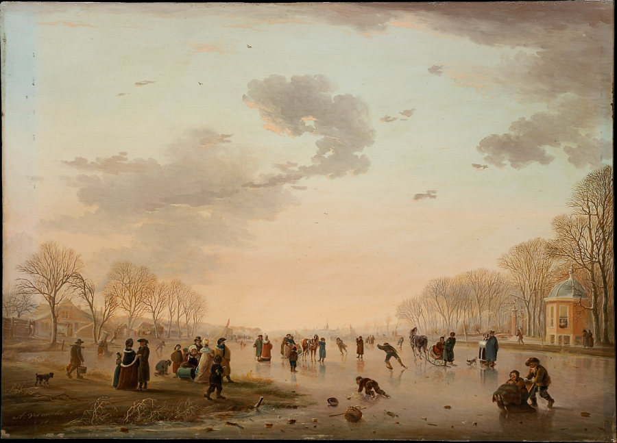 Winter Landscape with Ice Skaters on a River od Andries Vermeulen
