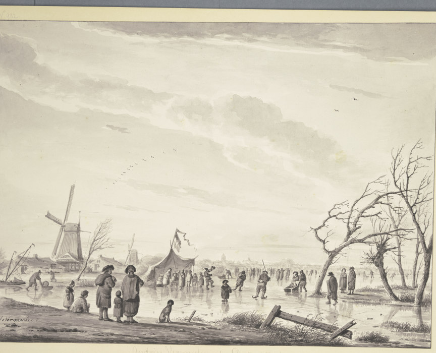 Winterlandschaft mit vielen Schlittschuhläufern und Zelten auf dem Eis, bei einer Windmühle od Andries Vermeulen
