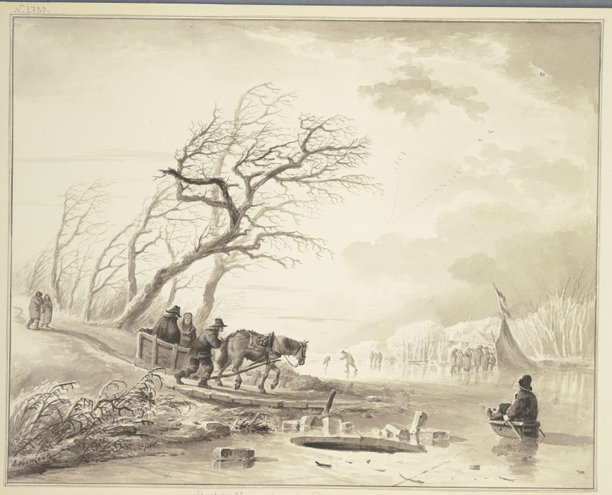 Winterlandschaft, rechts auf dem Eis ein Zelt, links bei einer Baumgruppe ein Schlitten mit einem Pf od Andries Vermeulen