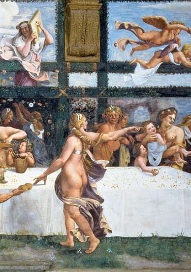The Rustic Banquet celebrating the marriage of Cupid and Psyche, with the three lunettes above depic od (and workshop) Giulio Romano