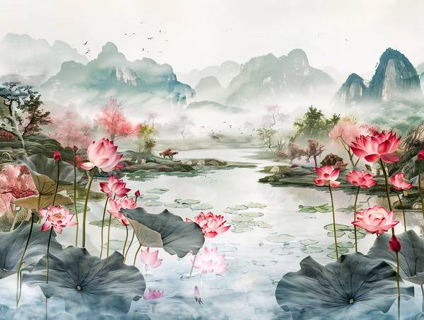 Čínské lotosové květy u rybníka. Horská krajina. od Anja Frost