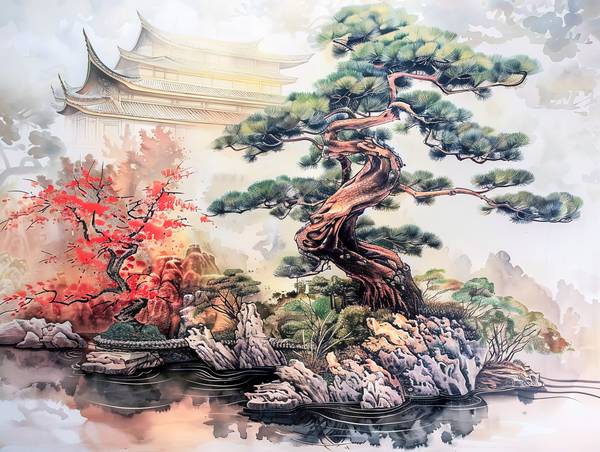 Čínská zahrada bonsají s chrámem. od Anja Frost