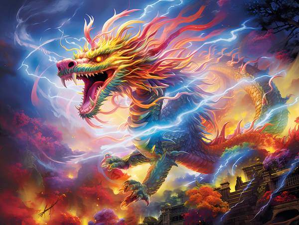 Čínský duha drak s blesky na nebi. od Anja Frost