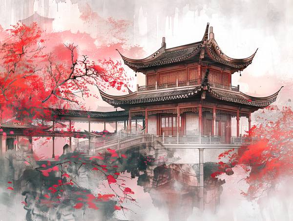 Čínský chrám během květu třešní. od Anja Frost