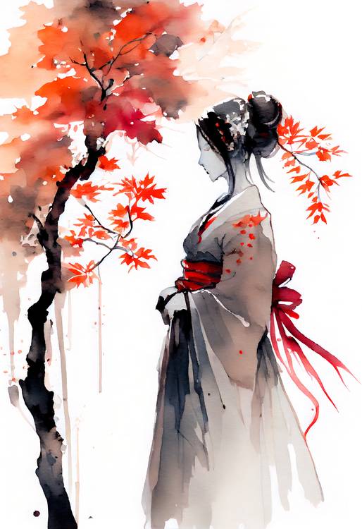  Japonská gejša s podzimním javorem. vodové barvy od Anja Frost