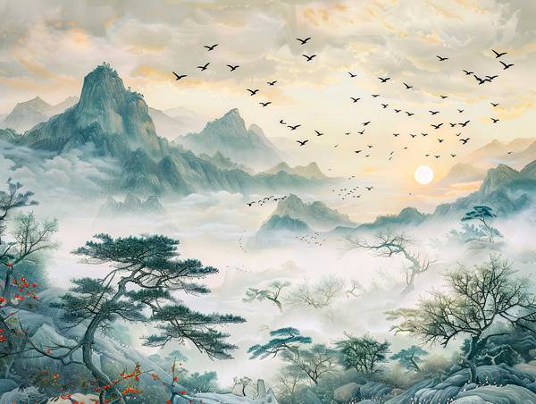 Ranní slunce nad horami v Číně. Hejno ptáků. od Anja Frost