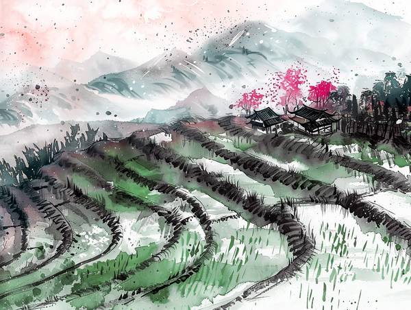 Ryžová terasa v Číně. Inkoustový kresba. od Anja Frost