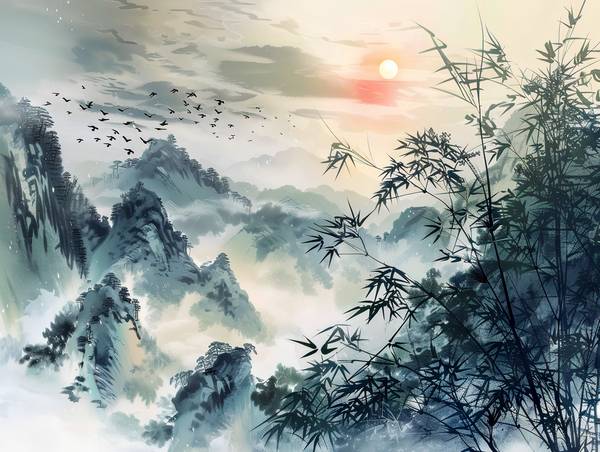 Roje stěhovavých ptáků létajících nad horami Číny. od Anja Frost