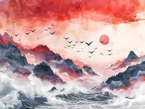 Východ slunce nad mořem. Kroužící ptáci. od Anja Frost