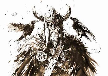  Tužkový obrázek Allvatera Odina, nejvyššího boha severské mytologie, v doprovodu svých dvou havranů