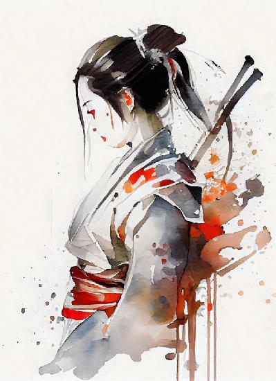  Japonská bojovnice gejša se samurajskými meči. akvarelový portrét