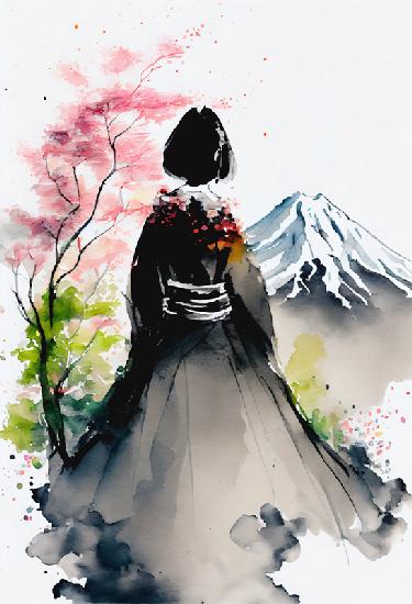  Japonská gejša se dívá na krajinu se zasněženou horou Fudži