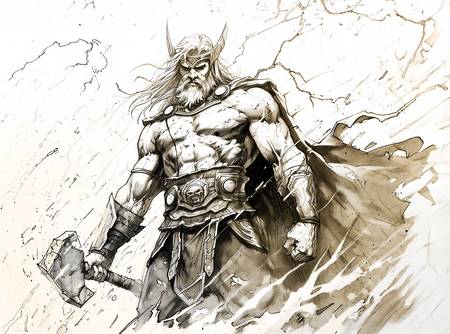 Tužkový obrázek severského boha Thora, jak máchá svým mocným kladivem, Mjölnirem, zatímco blesky osv