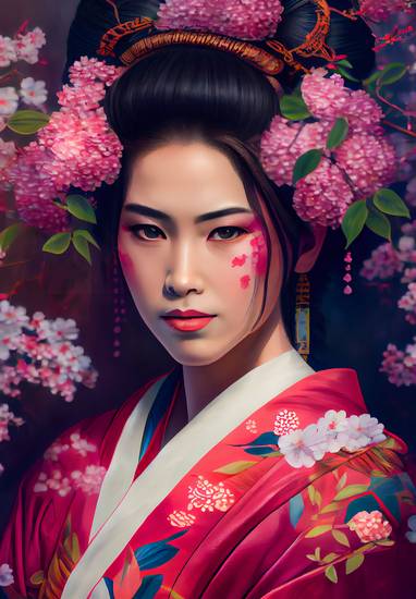 Bloeiende schoonheid: een geisha in de kleurenpracht van de natuur