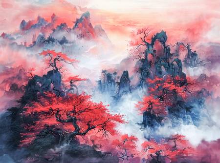 Čínský horský kraj v podzim. Červené javory.