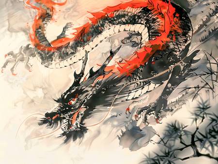 Čínský drak v červené a černé tuši