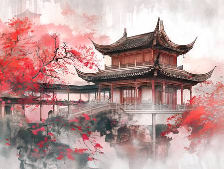 Čínský chrám během květu třešní.
