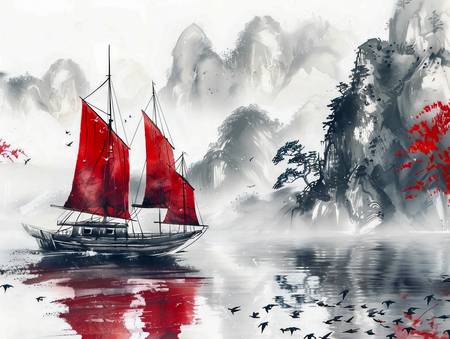 Čínský člun na moři s horami