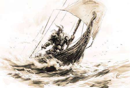 Tužkový obrázek majestátního drakkaru obsazeného silnými Vikingy, jak klouže na vlnách severského mo