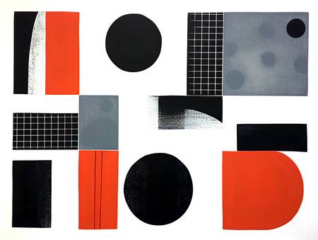 Geometrická Abstrakce v Červené, Bílé a Černé Barvě: Linorytina s Kruhy a Čtverci