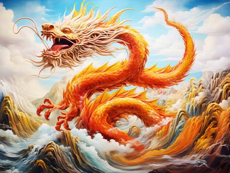 Zlatý čínský drak nad mořem a horami. Rok draka.