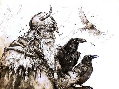 Název: Tužkový obrázek boha Odina se dvěma havrany Hugin a Munin