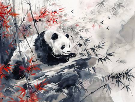 Čína. Velký panda odpočívá v bambusovém lese.