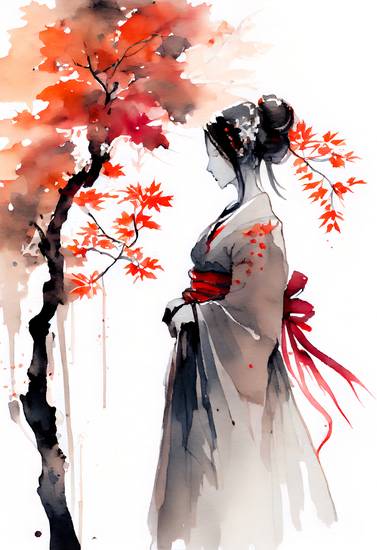  Japonská gejša s podzimním javorem. vodové barvy