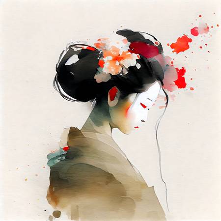 Japonská dívka v kimonu a květiny ve vlasech