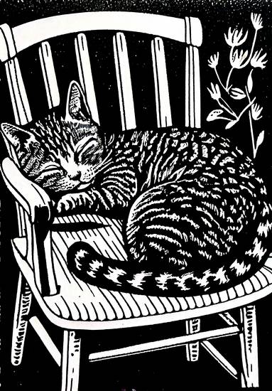 Kočka spí na zahradní židli. linotisk