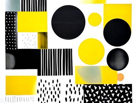 Kontrastní Abstrakce: Žluté, Černé a Bílé Kruhy a Čtverce v Geometrickém Linorytu