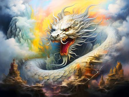 Magický let draka nad mlžným mořem. Rok Draka s čínským drakem.