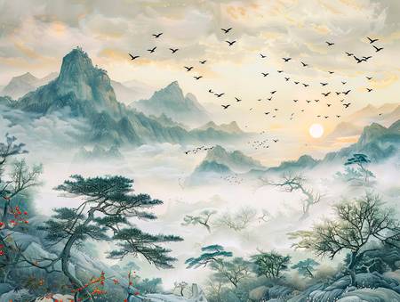 Ranní slunce nad horami v Číně. Hejno ptáků.