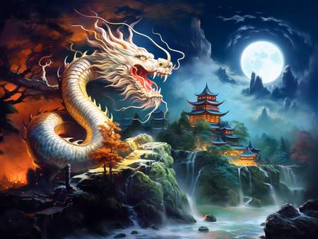 Mystický let draka nad horami. Rok draka. Čínský drak.