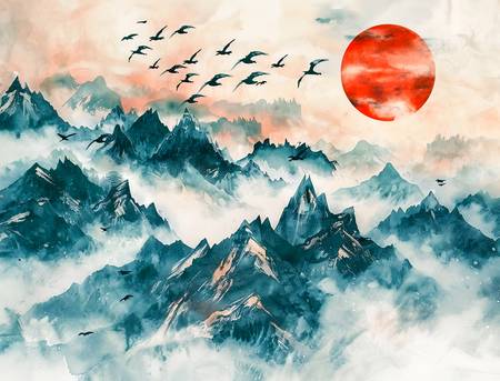 Ptáci létají nad horami Číny směrem k rudému slunci.