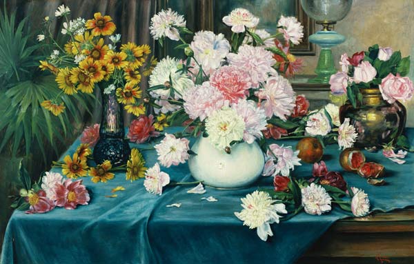Pfingstrosen, Rosen und andere Blumen in Vasen od Anna Knittel