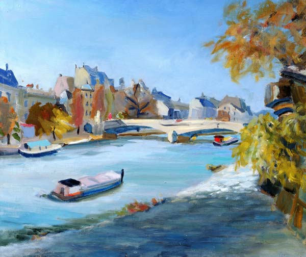 Barge sailing down the river Seine in Paris (oil on canvas)  od Anne  Durham