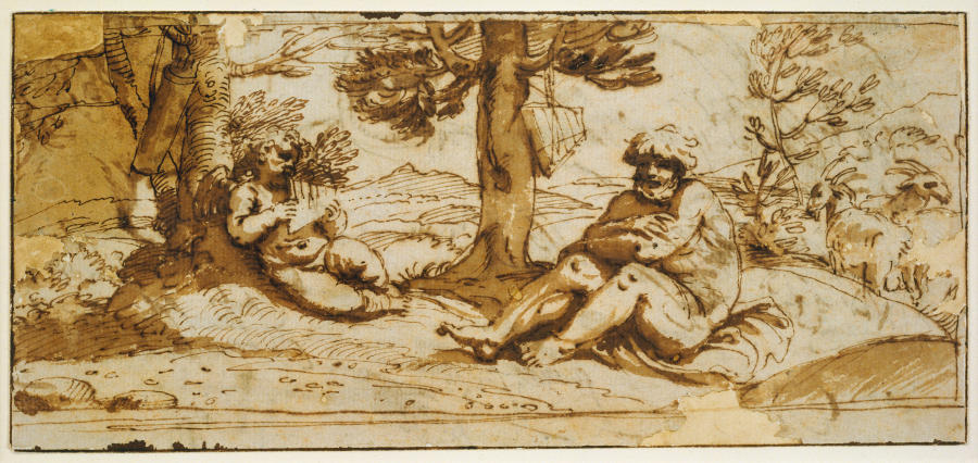 Amor, Playing the Flute, and Silen in an Arcadian Landscape od Annibale Carracci
