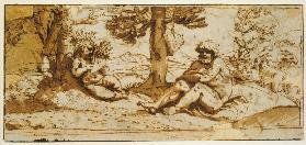 Amor, Playing the Flute, and Silen in an Arcadian Landscape