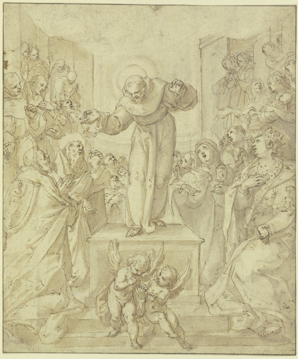 Der Heilige Franziskus zeigt die Wundmale vor einer Versammlung von Heiligen od Annibale Carracci