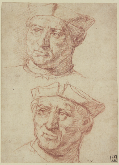 Mann mit Barett, der obere Kopf eine Wiederholung des unteren von späterer Hand od Annibale Carracci