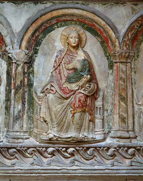 Maria mit dem Kind umgeben von 6 Aposteln (Südliche Chorschranke), Detail: Maria. Ende 12. Jh. od Anonym Romanisch
