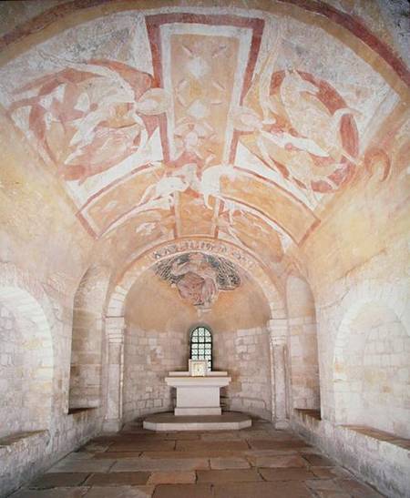The Crypt, from the earlier church of 1030, with frescoes of Christ on a white horse surrounded by a od Anonym Romanisch