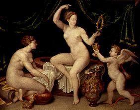 Venus looks at herself after the bath in the mirror, hands Amor the ointment saucepan