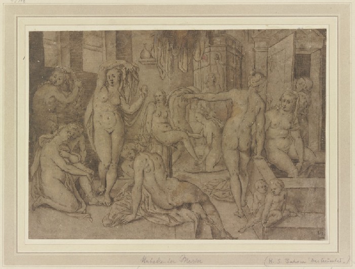 Badestube mit zehn weiblichen Akten und vier nackten Kindern, rechts blickt ein Mann durch die Tür h od Anonym